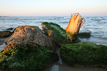 Image showing Ruins, Beach at sundown, Caesarea, Israel