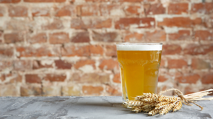 Image showing Glass of light beer on white stone background