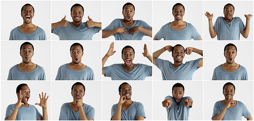 Image showing Half-length close up portrait of young man on white background. Creative collage