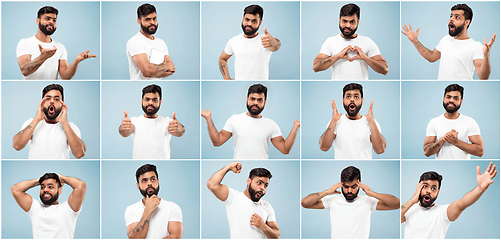 Image showing Half-length close up portrait of young man on blue background. Creative collage