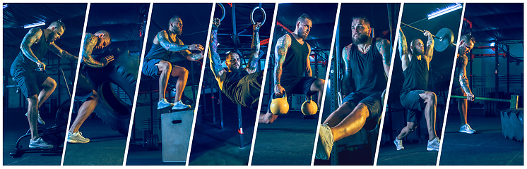 Image showing Young healthy man athlete doing exercise in the gym. Sport collage