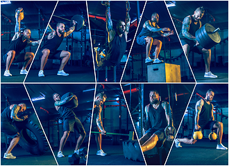 Image showing Young healthy man athlete doing exercise in the gym. Sport collage