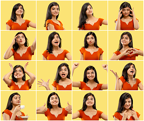 Image showing Portrait of beautiful woman isolated on yellow studio background. Collage