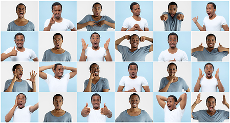 Image showing Half-length close up portrait of young man on white background. Creative collage