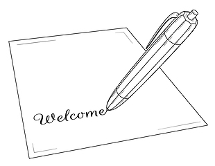 Image showing Pen writing on paper word Welcome.