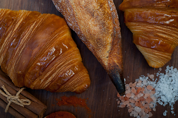 Image showing French fresh croissants and artisan baguette tradition