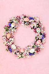 Image showing Easter Eggs and Spring Blossom Wreath