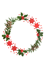 Image showing Abstract Christmas Wreath with Cedar Holly and Stars