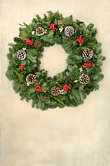 Image showing Festive Christmas Wreath with Winter Greenery