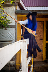 Image showing A funny witch with a broom sits behind a fence on a farm