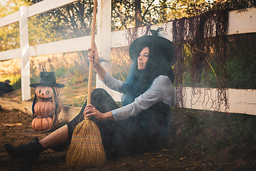 Image showing The witch sits by the fence on the farm and blows the smoke with a broom