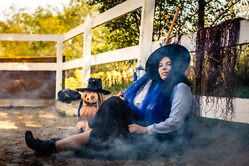 Image showing The witch at the fence sits haughtily on Halloween eve