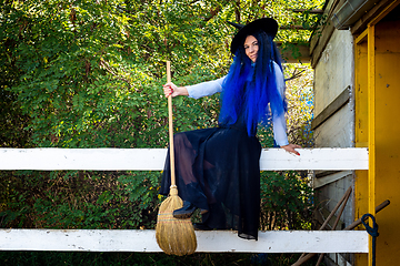 Image showing Beautiful girl in a witch costume sits on the fence