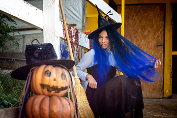 Image showing A witch with blue hair sits by the fence next to an evil pumpkin figure