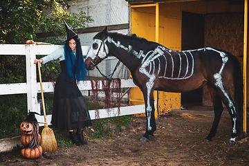 Image showing A girl dressed as a witch stands by the fence of the corral, and a horse with a painted skeleton stands next to it