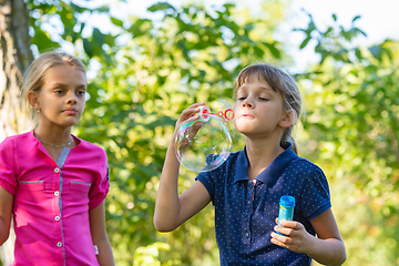 Image showing A girl blows bubbles, another girl watches her closely