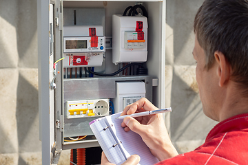 Image showing Man taking readings of an electric meter