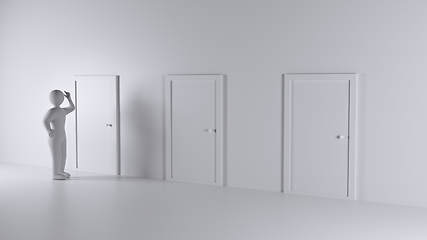 Image showing One thinking person and three closed door.