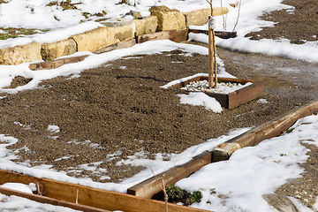 Image showing a dug garden and a planted tree seedling in the spring on a personal plot, the snow is melting