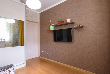 Image showing The interior of a small room, a view of the wardrobe, an entrance door and a wall with a TV and shelves