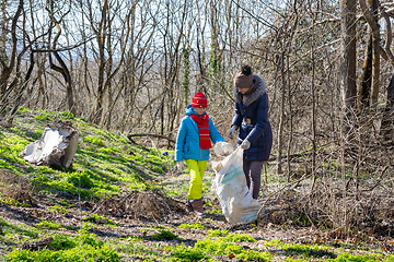 Image showing Family collects trash in the forest in a big bag for recycling