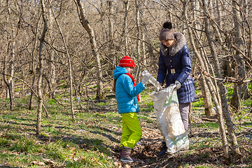 Image showing A girl throws a plastic bottle into a trash bag that the girl holds, together they collect garbage in the forest