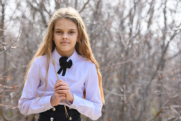 Image showing Portrait of a beautiful twelve-year-old girl with dried wildflowers in her hands on a forest background