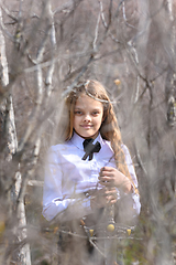 Image showing A girl in medieval style clothes stands with a sword, in the foreground and background blurred branches of bushes in the forest