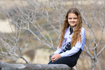 Image showing A girl sits on a wooden fence and looks happily into the frame