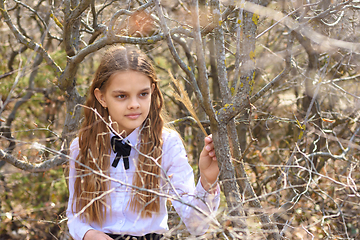 Image showing A girl in a white shirt and a bow tie around her neck walks through the spring forest, close-up portrait