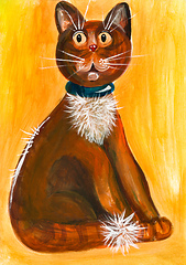 Image showing Drawn with acrylic paints funny cat with big eyes on a yellow background