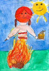 Image showing Children\'s drawing - burning a stuffed carnival at the celebration, in the hands of a stuffed plate with pancakes, in the background the sun