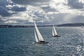 Image showing Auckland bridge view from the sea and sailing ship, New Zealand