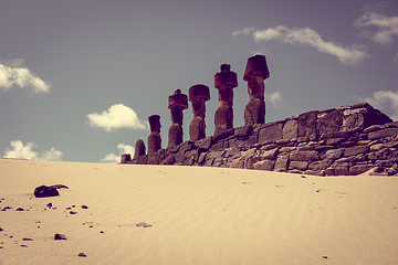 Image showing Moais statues site ahu Nao Nao on anakena beach, easter island