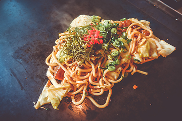 Image showing Yakisoba teppanyaki, japanese traditional hot plate food