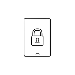 Image showing Digital tablet with padlock hand drawn outline doodle icon.