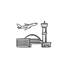 Image showing Plane taking off at the airport hand drawn outline doodle icon.
