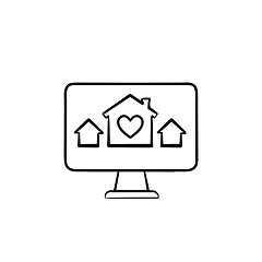 Image showing Computer monitor with houses and house with heart hand drawn outline doodle icon.