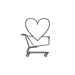 Image showing Shopping cart with heart hand drawn outline doodle icon.