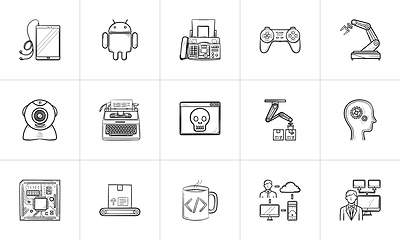 Image showing Technology and machines hand drawn outline doodle icon set.