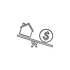 Image showing House and dollar on seesaw hand drawn outline doodle icon.