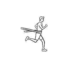 Image showing Race runner and finishing tape hand drawn outline doodle icon.