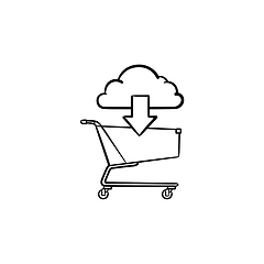 Image showing Cloud with arrow pointing at shopping cart hand drawn outline doodle icon.