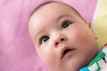 Image showing top view of newborn baby boy lying on colorful blankets