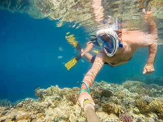 Image showing man snorkel in shallow water on coral fish