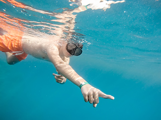 Image showing Young boy Snorkel swim in coral reef