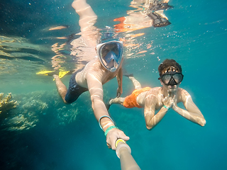 Image showing father and son snorkel in shallow water on coral fish