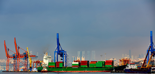 Image showing Container ship in import export and business logistic. Trade Port. Shipping, cargo to harbor. Water transport. International. Transportation, logistic