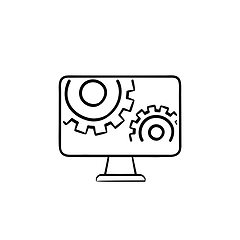 Image showing Monitor with gears hand drawn outline doodle icon.