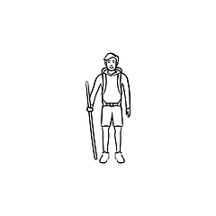 Image showing Hiker with backpack and walking stick hand drawn outline doodle icon.